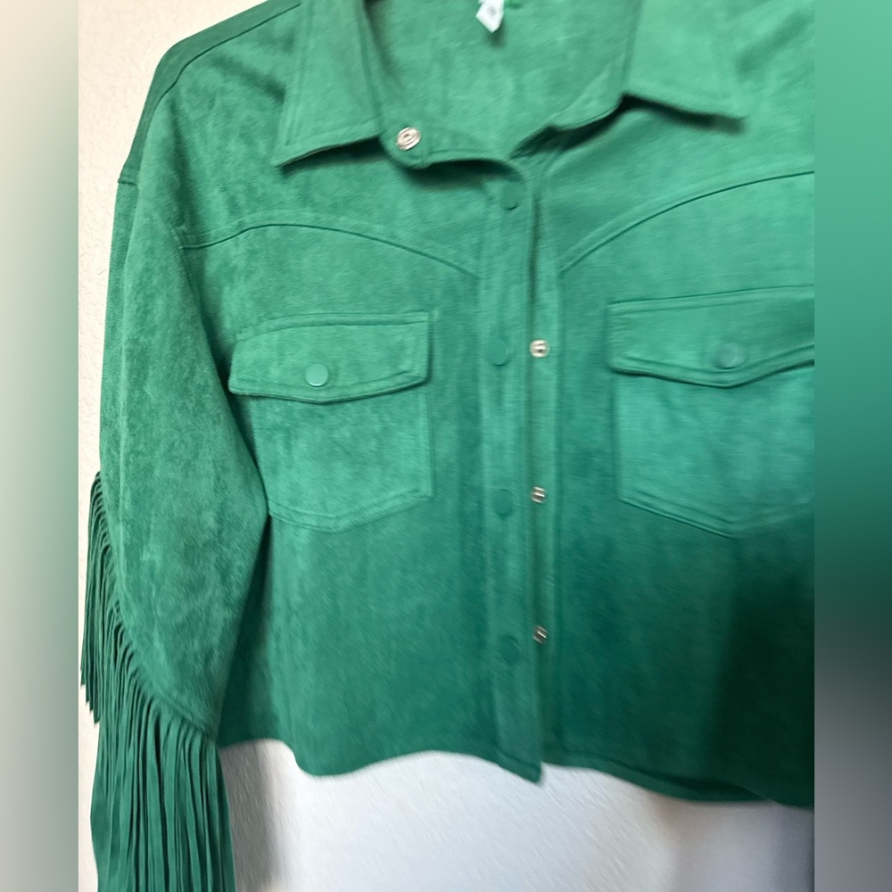 Green Suede Fringe Jacket medium Glam - Picture 2 of 13
